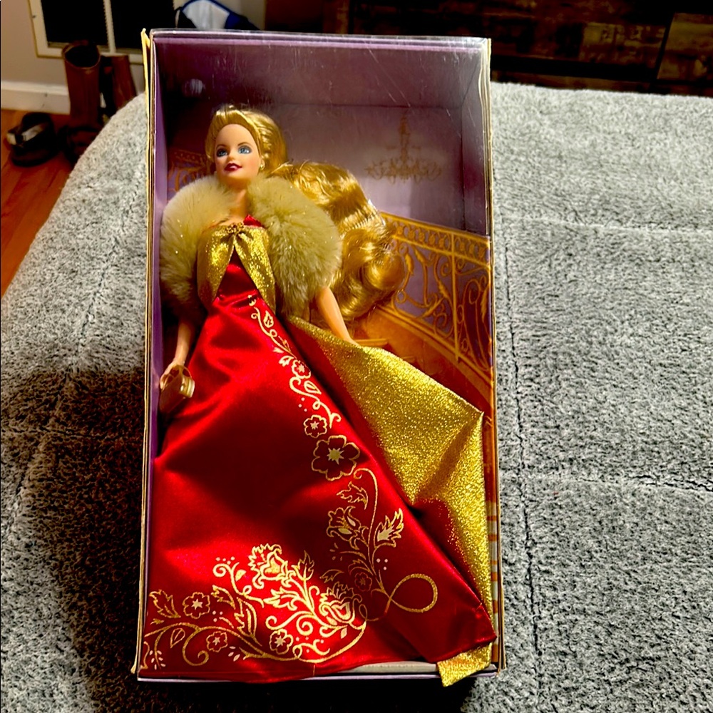 Elegant Red and Gold Doll with Fur Shawl